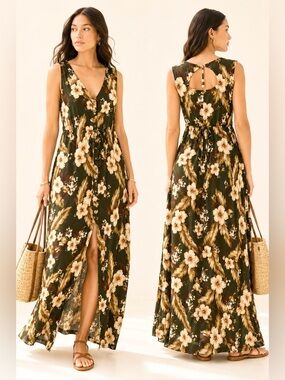 Vintage Olive Maxi Dress with Cream Floral Print